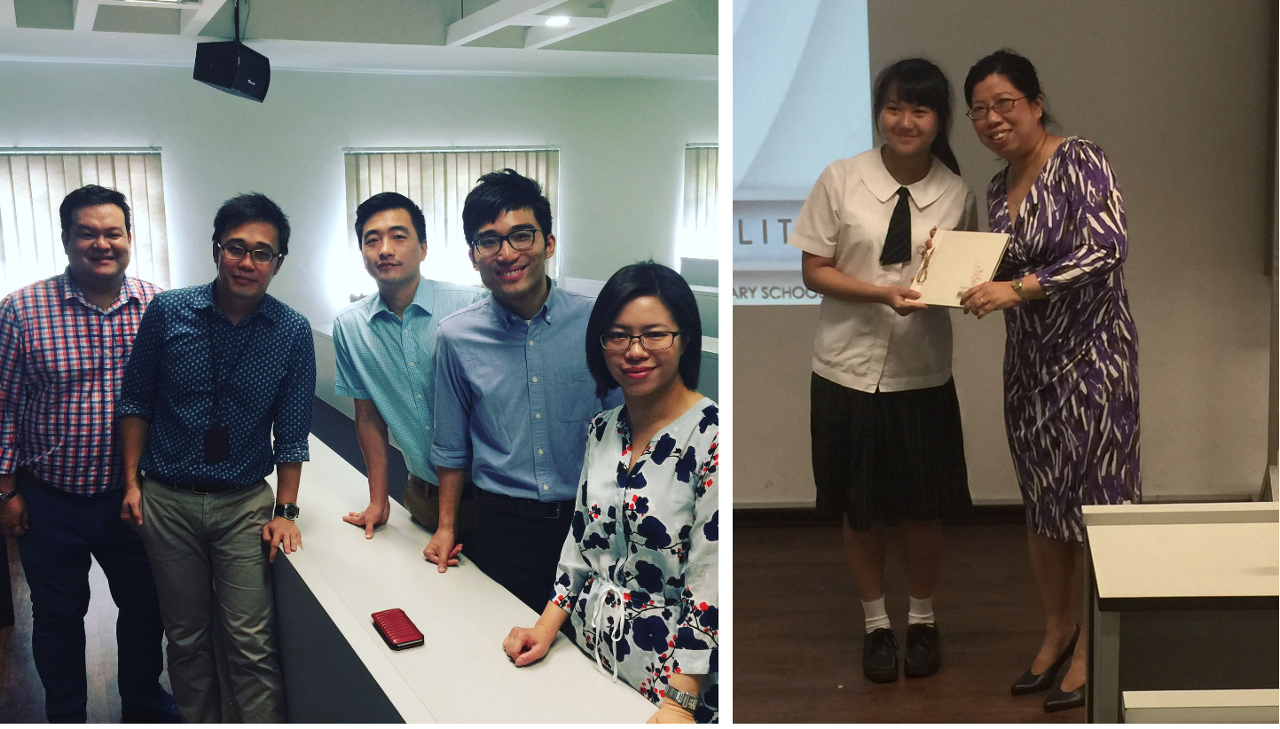 Five people posing in a classroom on the left; on the right, a student receives a certificate from a woman in purple.